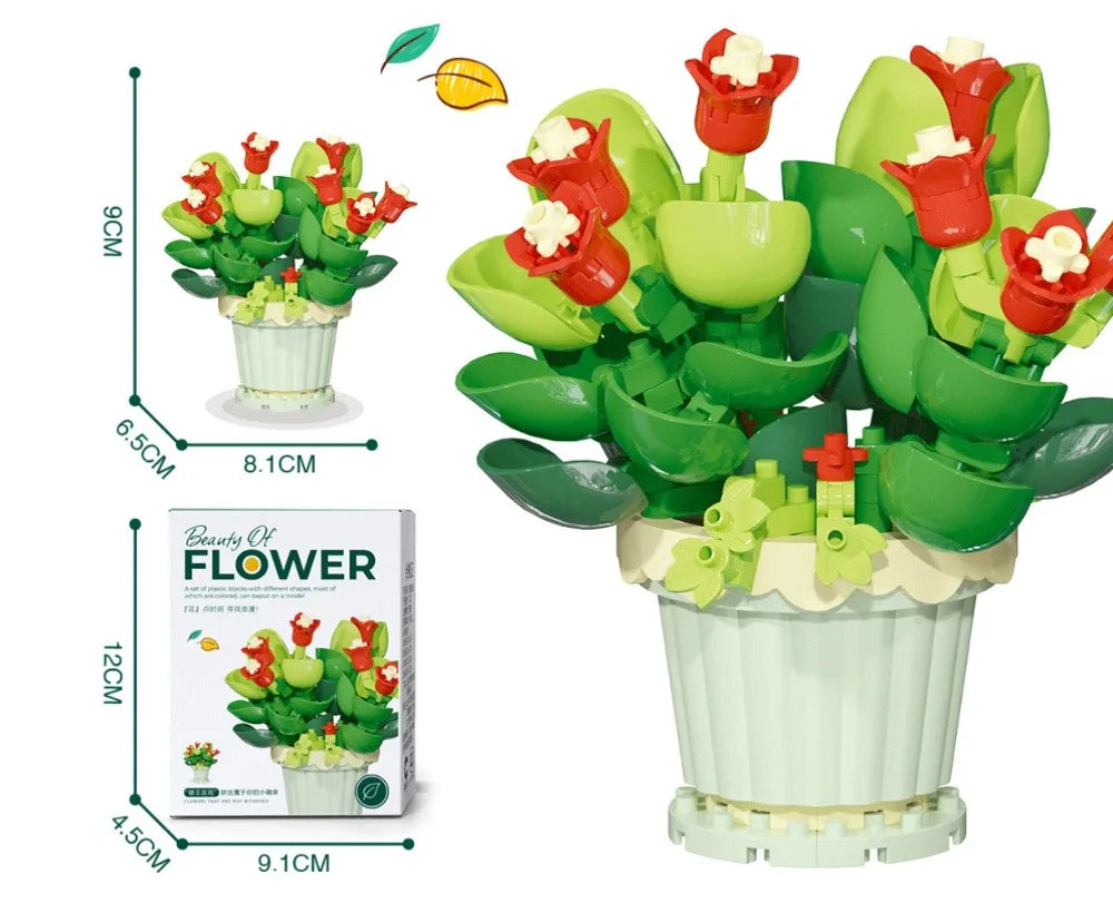 🌸 Bloc de Construction Fleur en Pot – Tournesol, Rose & Lys