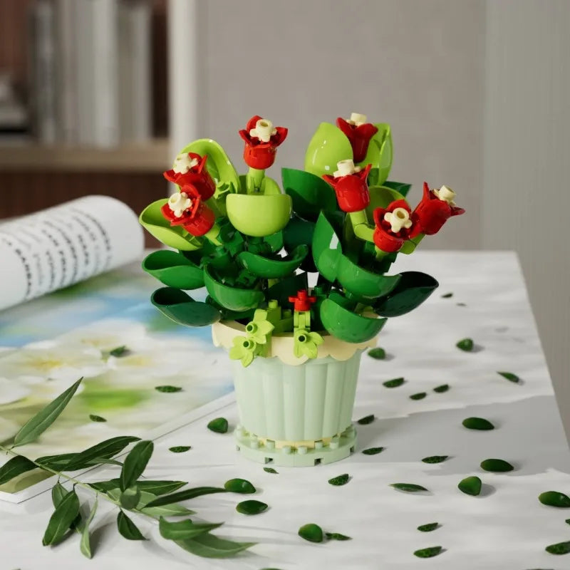 🌸 Bloc de Construction Fleur en Pot – Tournesol, Rose & Lys