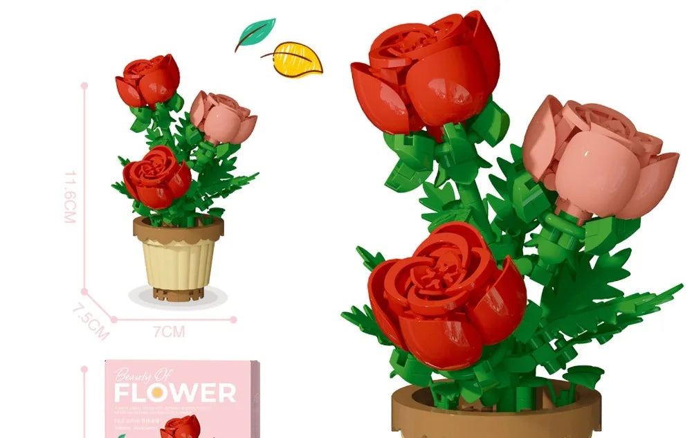 🌸 Bloc de Construction Fleur en Pot – Tournesol, Rose & Lys