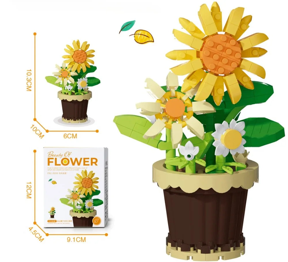 🌸 Bloc de Construction Fleur en Pot – Tournesol, Rose & Lys
