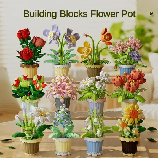 🌸 Bloc de Construction Fleur en Pot – Tournesol, Rose & Lys