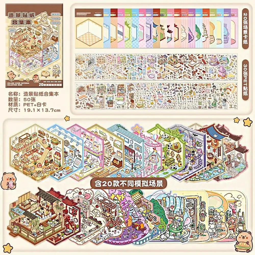 🏞️✨ 20 Stickers 3D – Album de Paysages Cartoon DIY