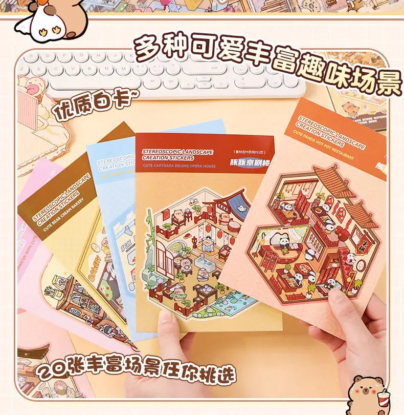 🏞️✨ 20 Stickers 3D – Album de Paysages Cartoon DIY