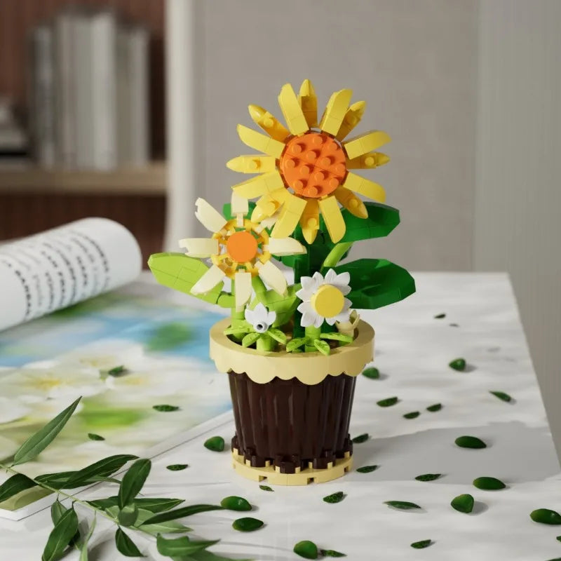🌸 Bloc de Construction Fleur en Pot – Tournesol, Rose & Lys