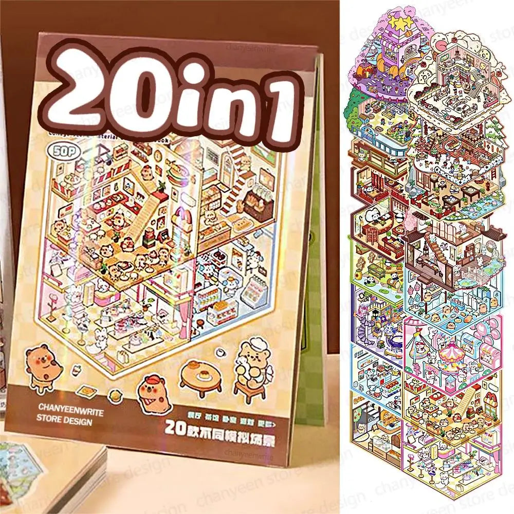 🏞️✨ 20 Stickers 3D – Album de Paysages Cartoon DIY