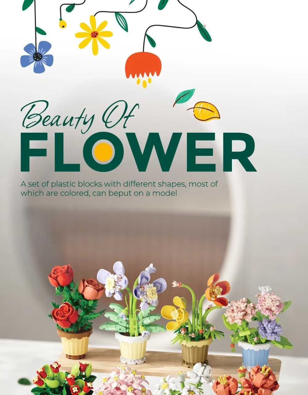 🌸 Bloc de Construction Fleur en Pot – Tournesol, Rose & Lys