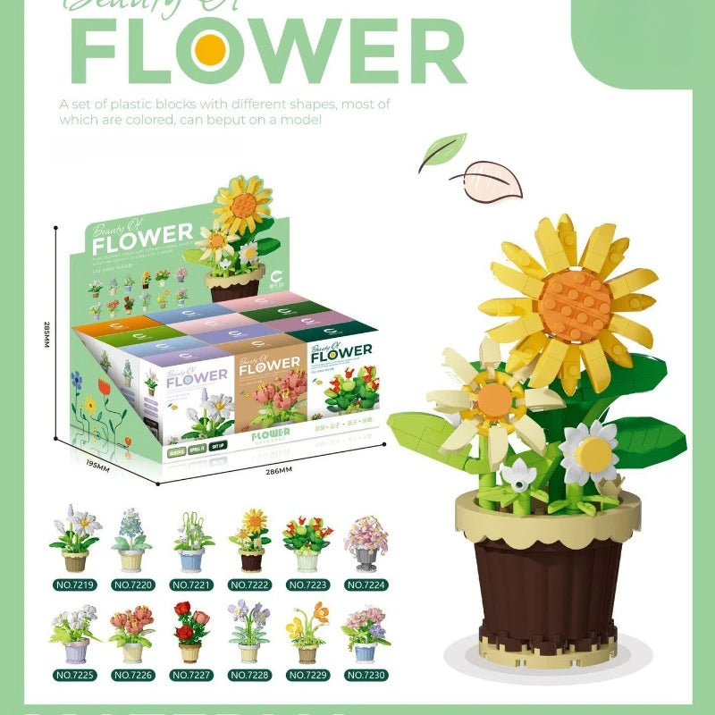 🌸 Bloc de Construction Fleur en Pot – Tournesol, Rose & Lys